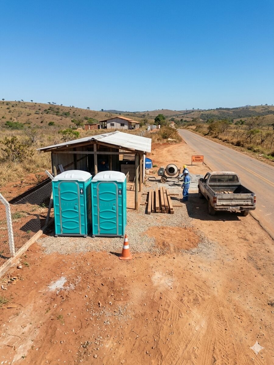 Banheiros químicos instalados em obra rodoviária da Julia Locações