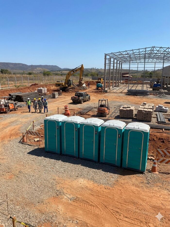 Grande canteiro de obras atendido com banheiros químicos